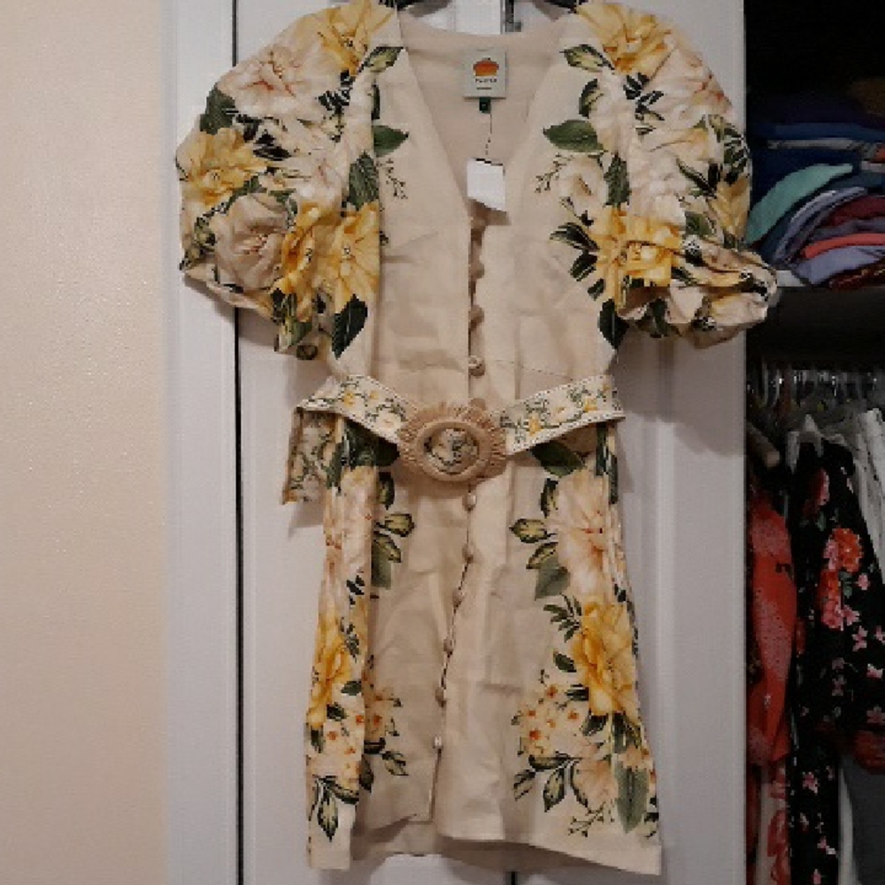 FARM Rio Beige Floral Puff-Sleeve Belted Coat